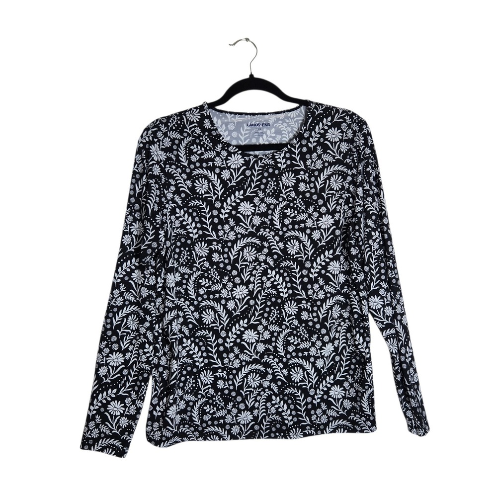 Lands' End Womens Black White Floral Long Sleeve Rash Guard Swim Shirt L 14-16